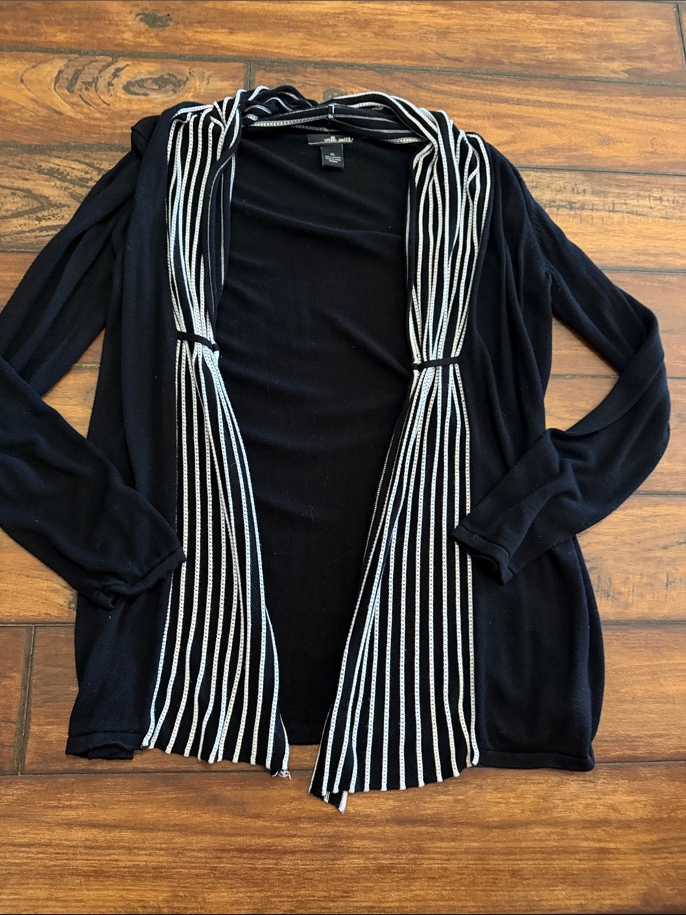 Willi Smith Black Open-Front Cardigan with Black-and-White Striped Trim